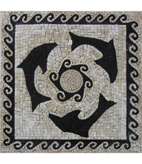 Black Silhouette Circular Dolphins Pool Mosaic