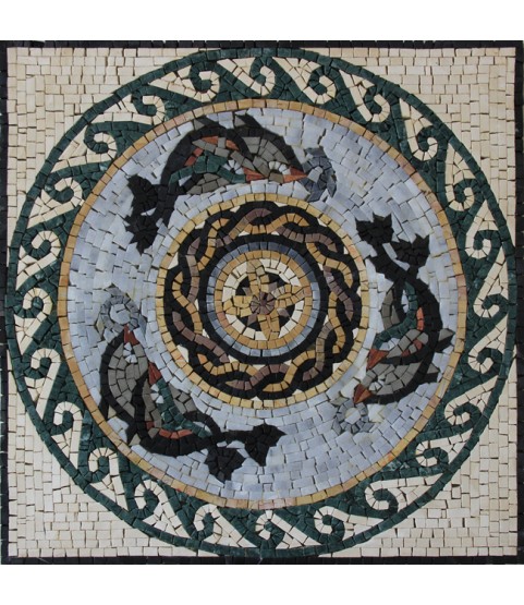 GEO2052 Handmade Dolphins Wavy Rounded Border  Mosaic