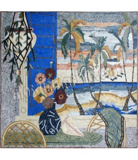 LS66 Window overlooking palm trees and sea scene Mosaic