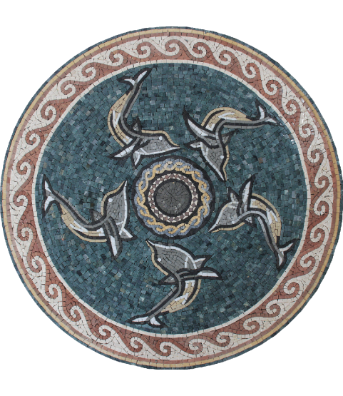 Floor Medallion Dolphins in Circular Swim Mosaic