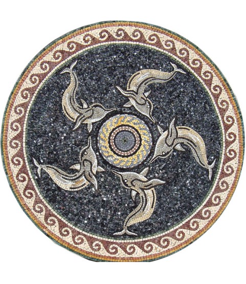 Floor Medallion Dolphins in Circle Wave Border Mosaic