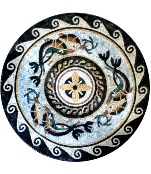 Floor Medallion Wave Border Colorful Dolphins Mosaic