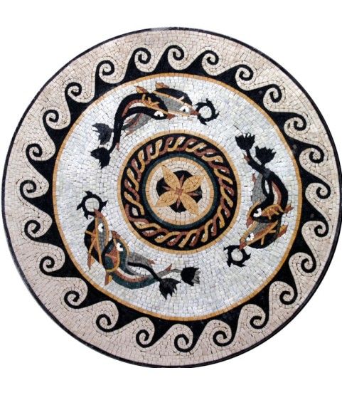 Marble Medallion Waves & Swimming Dolphins Mosaic