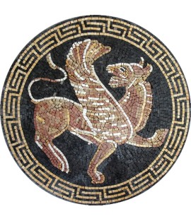 Marble Medallion Tiger with Greek Key Border Mosaic