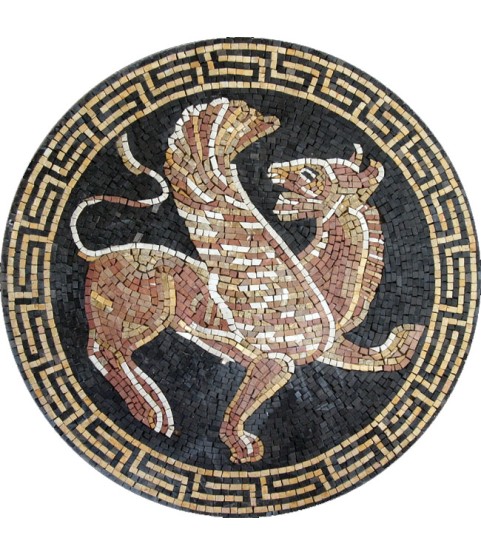 Marble Medallion Tiger with Greek Key Border Mosaic