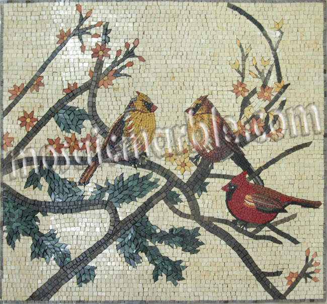 Colorful Birds on Flower Branches Mosaic Mural