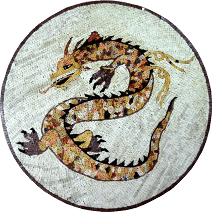 Marble Medallion Golden Dragon on White Mosaic