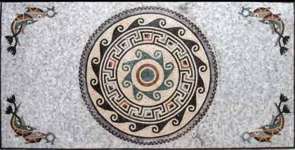 Marble Floor Medallion in Rectangle with Fish Mosaic